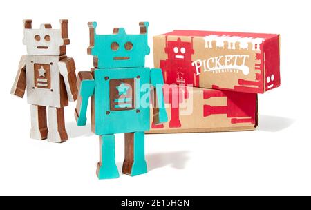 Wooden toy robot set made by Pickett Furniture photographed on a white background Stock Photo