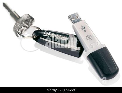 M-Systems usb flash drive keychain photographed on a white background Stock Photo