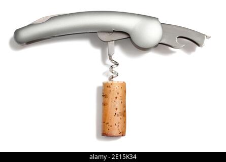 Waiter's corkscrew and bottle opener with cork still attached photographed on a white background Stock Photo