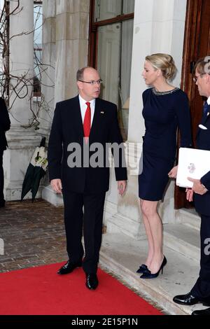 Prince Albert II of Monaco and his fiancee South African swimmer Charlene Wittstock arrive at the Farmleigh palace in Dublin, on April 5, 2011, during a state visit in Dublin, Ireland. Photo by Nicolas Gouhier/ABACAPRESS.COM Stock Photo