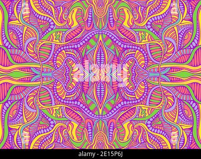Rainbow summer psychedelic hippie style abstract fantastic mandala colorful background with many crazy geometric pattern. Stock Vector