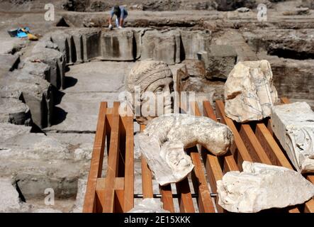 Parts of the Domus Tiberiana, or Palace of Tiberius where Nero lived when he was a child, is pictured in Rome,Italy on April 12,2011. The exhibit 'Nerone', examining the life and dark legends of Emperor Nero (37-68 AD), opens in Rome across five different landmarks of the ancient imperial capital. Nero has been infamous throughout history for tyranny, extravagance, cold-blooded murder, and cruel persecution of Christians. Ancient Roman historians accused him of killing his mother, stepbrother and two wives, and of burning Christians at night in his garden for firelight. He was known as the emp Stock Photo