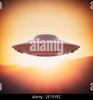 Unidentified flying object, UFO. Alien spaceship gravitating in the sky with the sun behind. 3D illustration, ufology concept. Clipping path included. Stock Photo