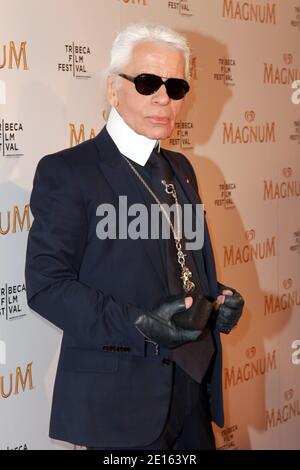 Karl Lagerfeld arrives at red carpet premiere of the Magnum ice cream film series during the Tribeca Film Festival in New York, on april 21, 2011. Photo by Elizabeth Pantaleo/ABACAUSA.COM Stock Photo