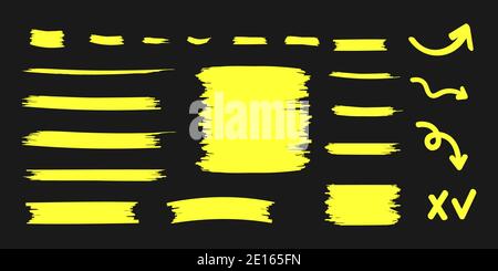 Yellow Highlighter Marker Strokes. Yellow watercolor hand drawn highlight set. Vector illustration. Stock Vector