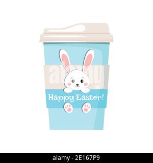 Easter coffee cup with cute bunny rabbit icon isolated on white background. Stock Vector