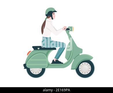 Side view of woman riding green retro scooter cartoon character design flat vector illustration isolated on white background Stock Vector
