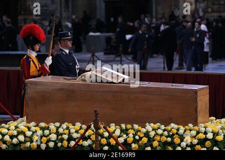 Pope Benedict XVI kneels before the coffin of his predecessor Pope John Paul II in St. Peter's Basilica in the Vatican following his beatification on May 1, 2011. Pope Benedict XVI declared John Paul II 'blessed' at a mass in Saint Peter's Square in front of more than a million people on Sunday, putting his late predecessor on the path to sainthood. Photo by ABACAPRESS.COM Stock Photo