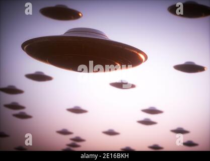 Unidentified flying object attack. 3D illustration of several alien spaceships invading planet earth. Stock Photo