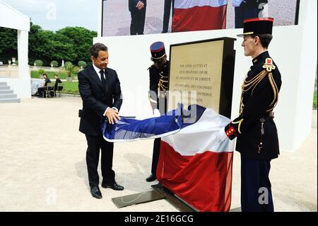 French President Nicolas Sarkozy is pictured during the ceremony marking the day of remembrance for the victims of slavery and France's abolition of the slave trade in Luxembourg Garden, Paris, France on May 10, 2011. Photo by Jacques Witt/Pool/ABACAPRESS.COM Stock Photo