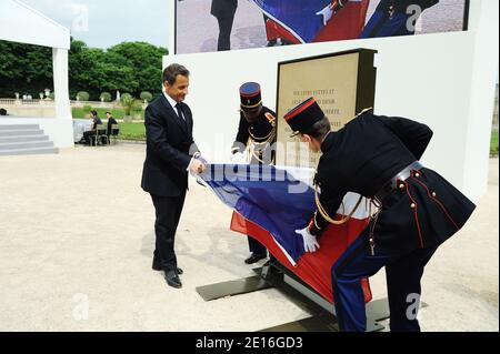 French President Nicolas Sarkozy is pictured during the ceremony marking the day of remembrance for the victims of slavery and France's abolition of the slave trade in Luxembourg Garden, Paris, France on May 10, 2011. Photo by Jacques Witt/Pool/ABACAPRESS.COM Stock Photo