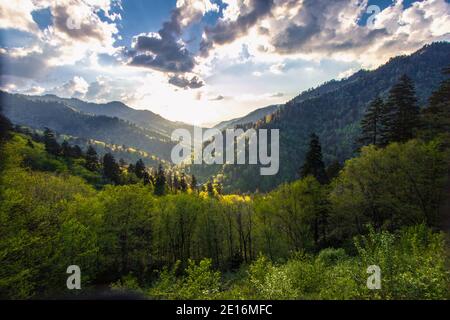 Mountain sunrise over the Great Smoky Mountains National Park as seen from the Newfound Gap Road in Gatlinburg, Tennessee. Stock Photo