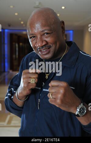 US former boxer Marvin Hagler poses for our photographer in Geneva, Switzerland on May 6, 2011. Photo by Loona/ABACAPRESS.COM Stock Photo