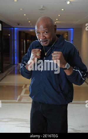 US former boxer Marvin Hagler poses for our photographer in Geneva, Switzerland on May 6, 2011. Photo by Loona/ABACAPRESS.COM Stock Photo