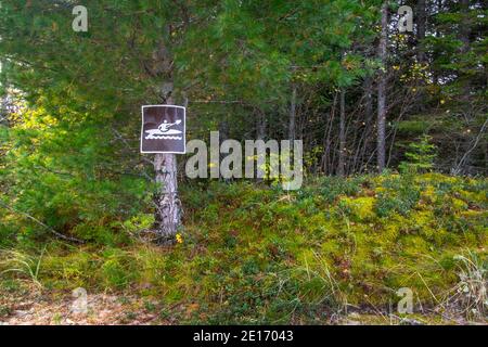 Kayaker and canoe hand held boat launch symbol in Hiawatha National Forest on the coast of Lake Superior. Stock Photo
