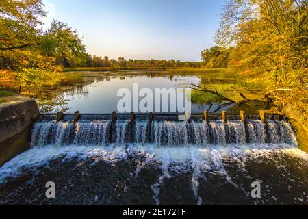 Dam on river creates a beautiful natural wetland with trees reflected in the reservoir. Stock Photo