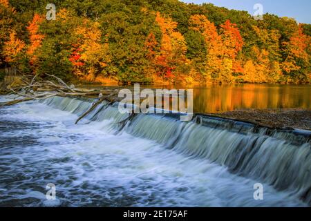 Autumn River Landscape. Gorgeous forest landscape with peak fall colors and a small waterfall at Fitzgerald County Park in Eaton County, Michigan. Stock Photo