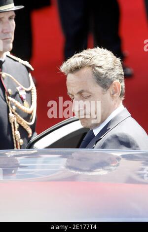 France's President Nicolas Sarkozy pictured as he leaves the Villa Le Cercle after a working lunch during the G8 summit in Deauville, France on May 27, 2011. G8 leaders sought Friday to thrash out a common position on how to support Arab democratic revolts, brandishing a threat of action against Syria and demanding Libyan leader Moamer Kadhafi go. Photo by Albert Facelly/Pool/ABACAPRESS.COM Stock Photo