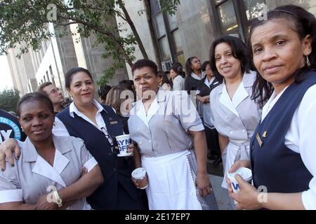 HouseKeepers protest outside the Supreme Court before Dominique Strauss-Kahn and Anne Sinclair arrive to the Court in New York, NY on June 6, 2011.Photo by Guerin-Taamallah-Pantaleo-Douliery/ABACAPRESS.COM Stock Photo