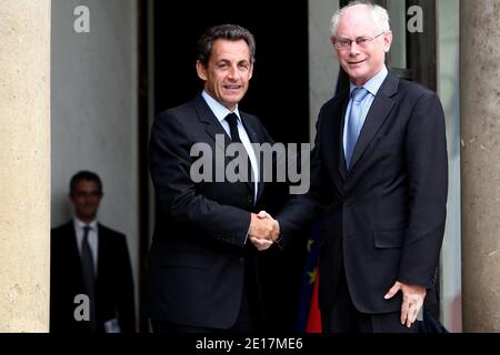 French president Nicolas Sarkozy welcomes European Union president Herman Van Rompuy prior to a working lunch at the Elysee presidential palace in Paris, France on june 15, 2011. Photo by Stephane Lemouton/ABACAPRESS.COM