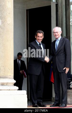 French president Nicolas Sarkozy welcomes European Union president Herman Van Rompuy prior to a working lunch at the Elysee presidential palace in Paris, France on june 15, 2011. Photo by Stephane Lemouton/ABACAPRESS.COM