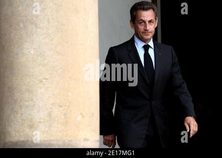 French president Nicolas Sarkozy arrives to welcome European Union president Herman Van Rompuy prior to a working lunch at the Elysee presidential palace in Paris, France on june 15, 2011. Photo by Stephane Lemouton/ABACAPRESS.COM