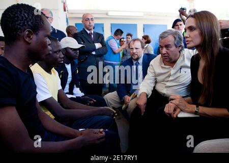 Editorial use only-UNHCR chief Antonio Guterres and Goodwill Ambassador Angelina Jolie talk with asylum-seekers on the Italian island of Lampedusa, on June 19, 2011. Supplied Photo by J.Tanner/UNHCR/ABACAPRESS.COM Stock Photo