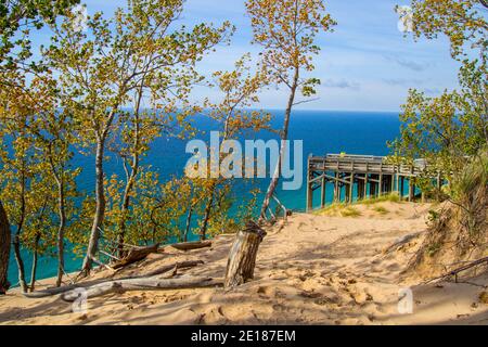 Summer Sunset Over Lake. Massive sand dunes and scenic overlook on Lake Michigan within the Sleeping Bear Dunes National Lakeshore. Stock Photo