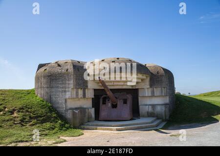Remains of the German naval artillery battery at Longues Sur Mer in Normandy, located between the Omaha and Gold landing beaches. Stock Photo