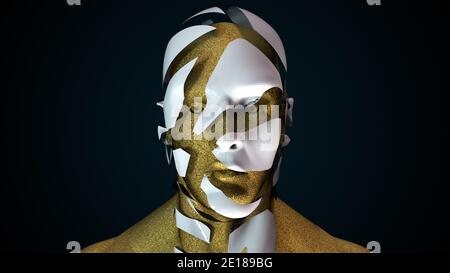 Futuristic human head with collapsing face. Computer generated modern background. 3D rendering head deformity Stock Photo