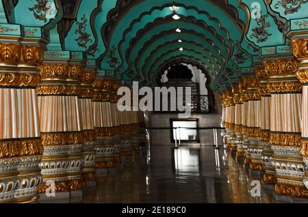 Raj darbar hall of mysore,and this really looks beautiful with the color combinations (green, golden, yellow etc), the art mades in the walls, the roo Stock Photo