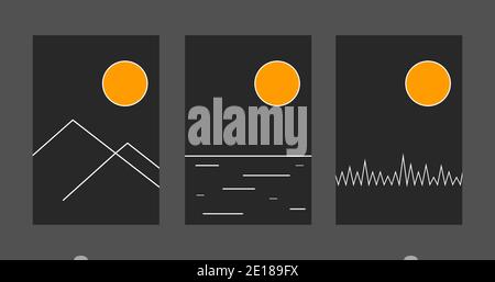 Set of abstract posters with minimalistic landscapes with forest, mountains and sea Stock Vector