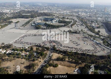 An aerial view of coronavirus COVID-19 testing site at Dodger Stadium, Monday, Jan 4, 2021, in Los Angeles. Stock Photo