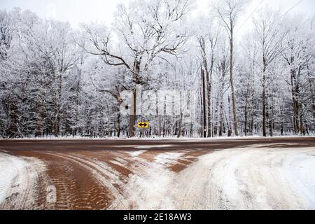Road sign with arrows going in two directions by a frost covered Wisconsin forest, horizontal Stock Photo