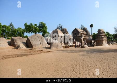 Five Rathas monument complex in Mahabalipuram, India. Stock Photo