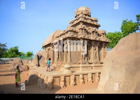 Five Rathas monument complex in Mahabalipuram, India. Stock Photo