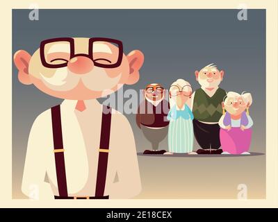cute grandpa with group senior men and women characters vector illustration Stock Vector