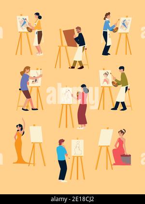 paint class, men and women painting on canvas at easel set Stock Vector