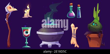 Magic or halloween stuff witch cauldron, staff with bird skull, burning candles, eyeball in goblet, potion in beakers, bones and potted plant, pc game items isolated cartoon illustration, icons set Stock Vector