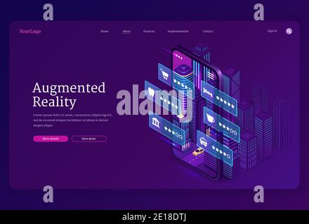 Augmented reality banner. AR technologies, smart app for mobile phone with virtual infographic. Vector landing page with isometric city and smartphone with icons of urban infrastructure Stock Vector