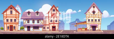 Medieval german street with half-timbered houses. Traditional european buildings in old town or village. Vector cartoon landscape with fachwerk cottages and grocery market Stock Vector