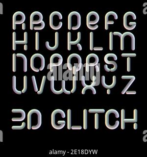 3d Glitch effect font. Latin letters from A to Z. Trending 2021 typerface design. For music events, banner, flyer, cover design. Stock Vector