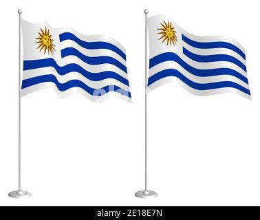 flag of Uruguay on flagpole waving in wind. Holiday design element. Checkpoint for map symbols. Isolated vector on white background Stock Vector