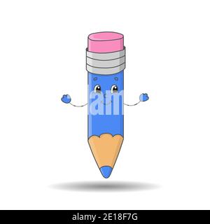 Pencil with eraser. Cute character. Colorful vector illustration. Cartoon style. Isolated on white background. Design element. Stock Vector
