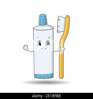 Toothpaste Tube With Toothbrush. Cute character. Colorful vector illustration. Cartoon style. Isolated on white background. Design element. Stock Vector