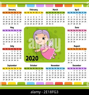 Fairy godmother flies and holds a magic wand. Calendar for 2020 with a cute character. Fun and bright design. Isolated color vector illustration. Cart Stock Vector