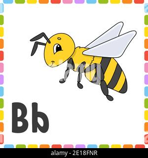 Funny alphabet. Letter B - bee. ABC square flash cards. Cartoon character isolated on white background. For kids education. Developing worksheet. Lear Stock Vector