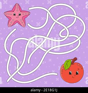 Fruit apple, sea starfish. Maze. Game for kids. Labyrinth conundrum. Education developing worksheet. Puzzle for children. Activity page. Cartoon chara Stock Vector