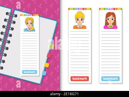 Set of paper bookmarks for books with cute cartoon characters. For kids. Beautiful cute fashionable girls with jewelry. Color vector illustration. Stock Vector