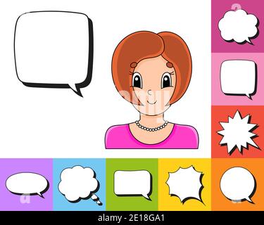 Set of speech bubbles of different shapes. With a cute cartoon character. Beautiful cute fashionable girl with jewelry. Vector illustration. Comic sty Stock Vector
